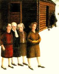 vier vrouwen voor houten huis